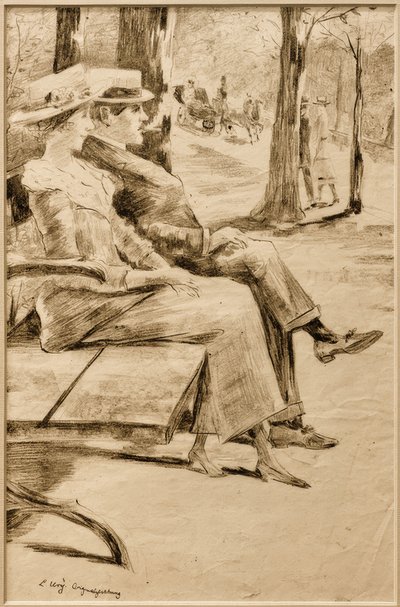 Dame und rauchender Herr auf einer Bank im Tiergarten von Lesser Ury